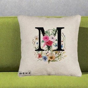 Cadou Personalizat - Perna Personalizata Monogram Litera M cu Flori Acuarela, 40x40 cm, Bej Canapea, Husa Detasabila, Perna Inclusa, BEKZ®