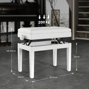 HOMCOM Banc pentru Piano cu Înălțime Reglabilă de la 48 la 58 cm Spațiu de Depozitare Picioruși din Lemn Alb | Aosom Romania