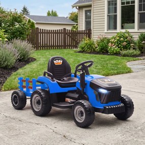 AIYAPLAY 2 în 1 Tractor Electric pentru Copii 3-8 Ani cu Remorcă Detașabilă, Telecomandă, Muzică, Lumini, Albastru | Aosom Romania