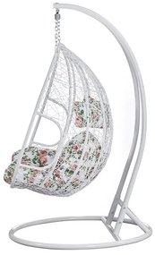 Fotoliu leagan dublu, suspendat, cu perne moi, rezistente la UV, împletitură tip răchită, structură metalică, pentru interior și exterior, Alb/Floral