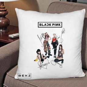 Perna Personalizata K-pop BLACKPINK Fotografie Grup Autografe Toate Membre, 40x40 cm, Alb Pufos, Husa Detasabila, Perna Inclusa, BEKZ®