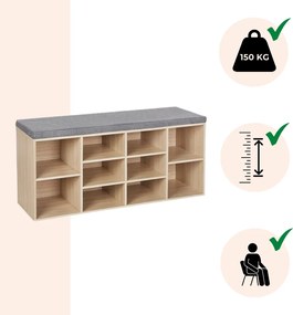 Pantofar cu bancă tapițată GABI, 10 compartimente, 104x30x48cm, gri/maro deschis Jurhan