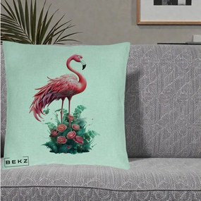 Perna Decorativa Flamingo cu Trandafiri Tropicali, 40x40 cm, Verde Menta, Husa Detasabila, Perna Inclusa, BEKZ®