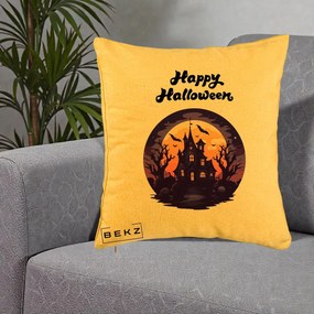 Perna Decorativa Happy Halloween Casa Bantuita Violet, 40x40 cm, Galben, Husa Detasabila, Perna Inclusa, BEKZ®