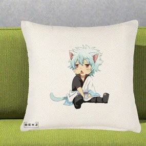 Perna Personalizata Gintama Gintoki Chibi Pisica, 40x40 cm, Crem Reliefat, Husa Detasabila, Perna Inclusa, BEKZ®