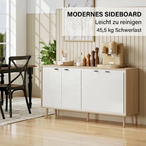 HOMCOM Bufet Modern cu 4 Uși și Raft Reglabil 141x35x77cm Alb și Stejar | Aosom Romania