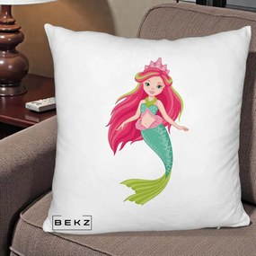 Perna Decorativa Sirena Roz cu Coroana, 40x40 cm, Alb Pufos, Husa Detasabila, Perna Inclusa, BEKZ®