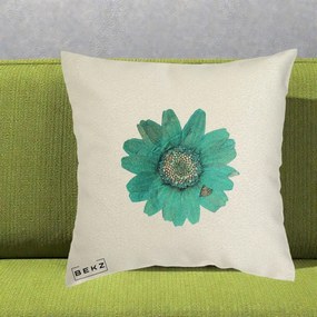 Perna Decorativa Floare Gerbera Teal Acuarela, 40x40 cm, Ecru, Husa Detasabila, Perna Inclusa, BEKZ®