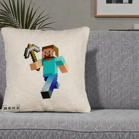 Perna Personalizata Minecraft Steve cu Tarnacop, 40x40 cm, Bej Canapea, Husa Detasabila, Perna Inclusa, BEKZ®