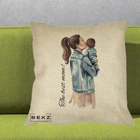 Cadou pentru Mama - Perna Personalizata The Best Mom Jachete, 40x40 cm, Crem, Husa Detasabila, Perna Inclusa, BEKZ®
