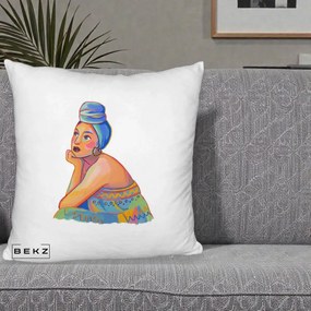 Perna Decorativa Portret Femeie Contemplativa, 40x40 cm, Alb Pufos, Husa Detasabila, Perna Inclusa, BEKZ®