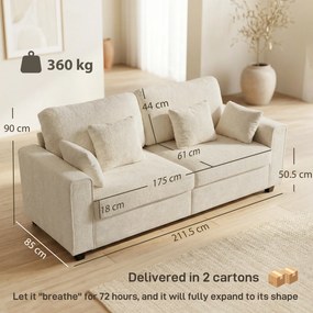 HOMCOM Canapea 3 locuri bej cu tapițerie Raindrop din catifea, șezut adânc, perne cu arcuri, brațere late și 4 perne | Aosom Romania