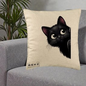 Perna Decorativa Pisica Neagra Dragalasa Curioasa, 40x40 cm, Bej, Husa Detasabila, Perna Inclusa, BEKZ®