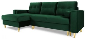 Coltar extensibil 4 locuri Leona, colt pe partea stanga cu tapiterie din catifea si picioare din metal auriu, verde