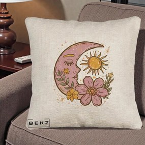 Perna Personalizata Luna si Soare Floral Boho, 40x40 cm, Bej Canapea, Husa Detasabila, Perna Inclusa, BEKZ®