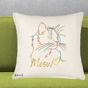 Perna Personalizata Pisica Meow Arta Linie Colorata, 40x40 cm, Crem Reliefat, Husa Detasabila, Perna Inclusa, BEKZ®