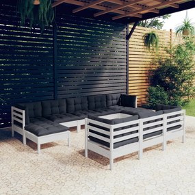 3097140 vidaXL Set mobilier de grădină cu perne, 10 piese, alb lemn masiv pin