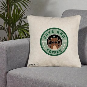 Perna Personalizata Cats and Coffee Starbucks, 40x40 cm, Bej Canapea, Husa Detasabila, Perna Inclusa, BEKZ®