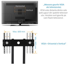 HOMCOM Carucior Suport Televizor cu Roti pentru TV 32-65" s VESA Maxim 600x400mm, Inaltime si Unghi Reglabile, Negru