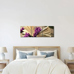 Tablou cu carte și floare violetă (cu ceas) (90x30 cm)
