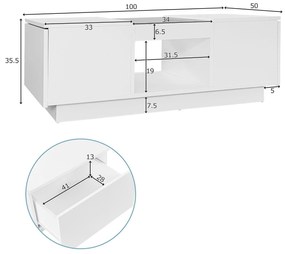 Măsuță de cafea albă cu suprafață din sticlă, iluminare LED, control prin aplicație, 2 sertare și 1 compartiment deschis, 100×50×35,5 cm, Alb