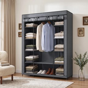 HOMCOM Dulap textil pentru economisirea spațiului, cu bară pentru umerașe și 11 rafturi, 135x45x175 cm, gri, pentru dormitor | Aosom Romania
