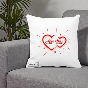 Cadou Romantic - Perna Personalizata Love You Doua Inimi, 40x40 cm, Alba Mata, Husa Detasabila, Perna Inclusa, BEKZ®