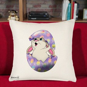 Perna Decorativa Iepuras din Ou de Pasti, 40x40 cm, Crem Reliefat, Husa Detasabila, Perna Inclusa, BEKZ®