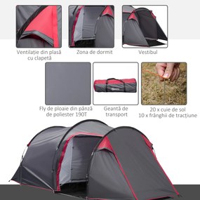 Outsunny Cort pentru Camping 2 Locuri cu Vestibul Mare, Cort Impermeabil Usi cu Fermoar, 426x206x154cm Gri | Aosom Romania