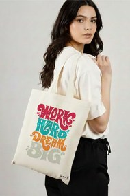 Sacosa de Panza pentru Cumparaturi, Geanta Tote, model Work Hard Dream Big, 38x34.5 cm, Alba, BEKZ®
