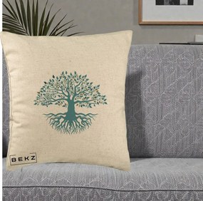 Perna Decorativa Copacul Vietii Teal cu Radacini, 40x40 cm, Bej, Husa Detasabila, Perna Inclusa, BEKZ®