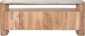 Comodă TV living din lemn de acacia, natur, cu 4 uși, nișă deschisă și blat din marmură, 60 x 150 x 40 cm, „Combourg”