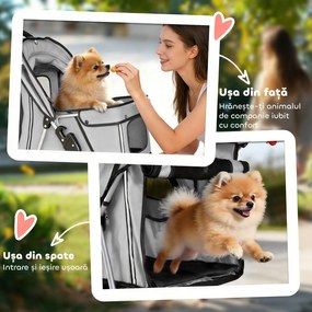 PawHut Cărucior pentru Câini de Talie Mică Pliabil, cu Roți Pivotante 360°, Coș de Depozitare, Pernă Lavabilă, Gri | Aosom Romania