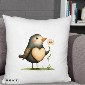Perna Decorativa Pasare cu Inima si Margareta, 40x40 cm, Alb Pufos, Husa Detasabila, Perna Inclusa, BEKZ®