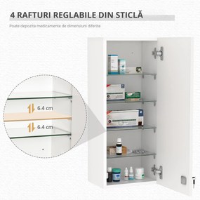 Dulapior de Perete pentru Medicamente cu Încuietoare, 5 Niveluri si Rafturi Reglabile, din Lemn si Sticla, Alb 30x20x70cm Kleankin | Aosom Romania