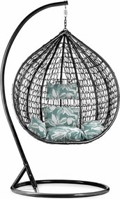 Scaun negru suspendat KOKON cu suport, perna verde-alb