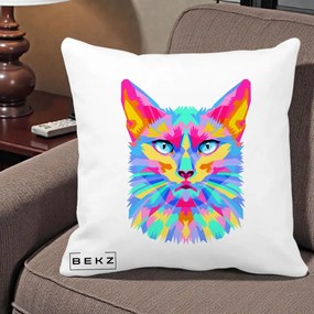 Perna Decorativa Pisica Pop Art Multicolor, 40x40 cm, Alba Mata, Husa Detasabila, Perna Inclusa, BEKZ®