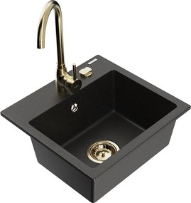 Mexen Milo chiuvetă de granit cu 1 compartiment și baterie de bucătărie Telma, negru/auriu - 6505-75-670200-50