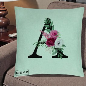 Cadou Personalizat - Perna Personalizata Monograma Florala Litera A, 40x40 cm, Verde Menta, Husa Detasabila, Perna Inclusa, BEKZ®