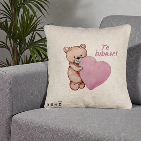Cadou Romantic - Perna Personalizata Te Iubesc Ursulet cu Inima Roz Acuarela, 40x40 cm, Bej Canapea, Husa Detasabila, Perna Inclusa, BEKZ®