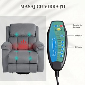 HOMCOM Scaun Electric cu Masaj prin Vibrații și Căldură, Scaun din Piele pentru Vârstnici cu Telecomandă și Buzunar Lateral, 90x95x103 cm, Gri