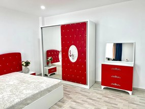 Dormitor Viena, culoare alb / rosu, cu pat tapitat 160 x 200 cm, dulap cu 2 usi, comoda cu oglinda, 2 noptiere si saltea