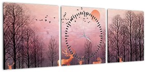 Tablou - Căprioare în strălucirea apusului de soare (cu ceas) (90x30 cm)