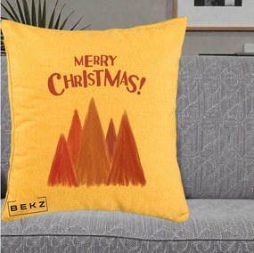 Perna Decorativa Merry Christmas Brazi Roz, 40x40 cm, Galben, Husa Detasabila, Perna Inclusa, BEKZ®