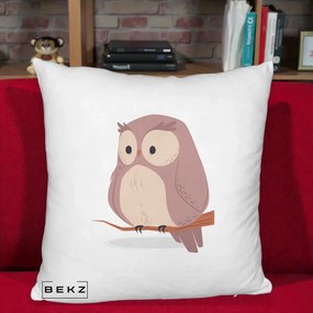Perna Decorativa Bufnita Kawaii pe Creanga, 40x40 cm, Alb Pufos, Husa Detasabila, Perna Inclusa, BEKZ®