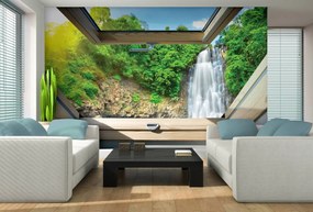 Fototapet - Privire spre cascade din geam (152,5x104 cm)