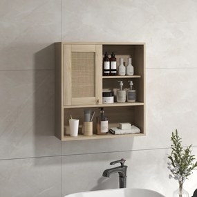 HOMCOM Armoire murale, mobilier suspensie baie cu ușă glisantă din răchită și rafturi deschise, lemn natural | Aosom Romania