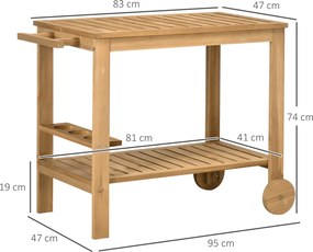 Outsunny Carucior de Grădină cu Roți din Lemn de Brad, Carucior de Servire cu Rafturi din Șipci, 2 Rafturi, 3 Suporturi pentru Sticle și Mâner, pentru Grădină Terasă Patio 95x47x74 cm, Culoare Lemn | Aosom Romania