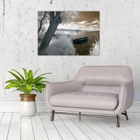 Tablou pe sticlă cu barca pe lac (70x50 cm)