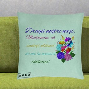 Perna Personalizata Dragii Nostri Nasi Multumim cu Flori Multicolore Colorat, 40x40 cm, Verde Menta, Husa Detasabila, Perna Inclusa, BEKZ®